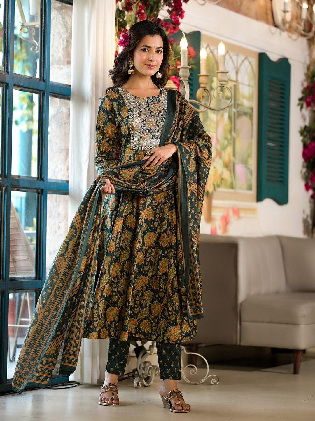 Dark Green Floral,Sequins_Work Kurta Trouser with Dupatta Set-Yufta Store-1789SKDDGS