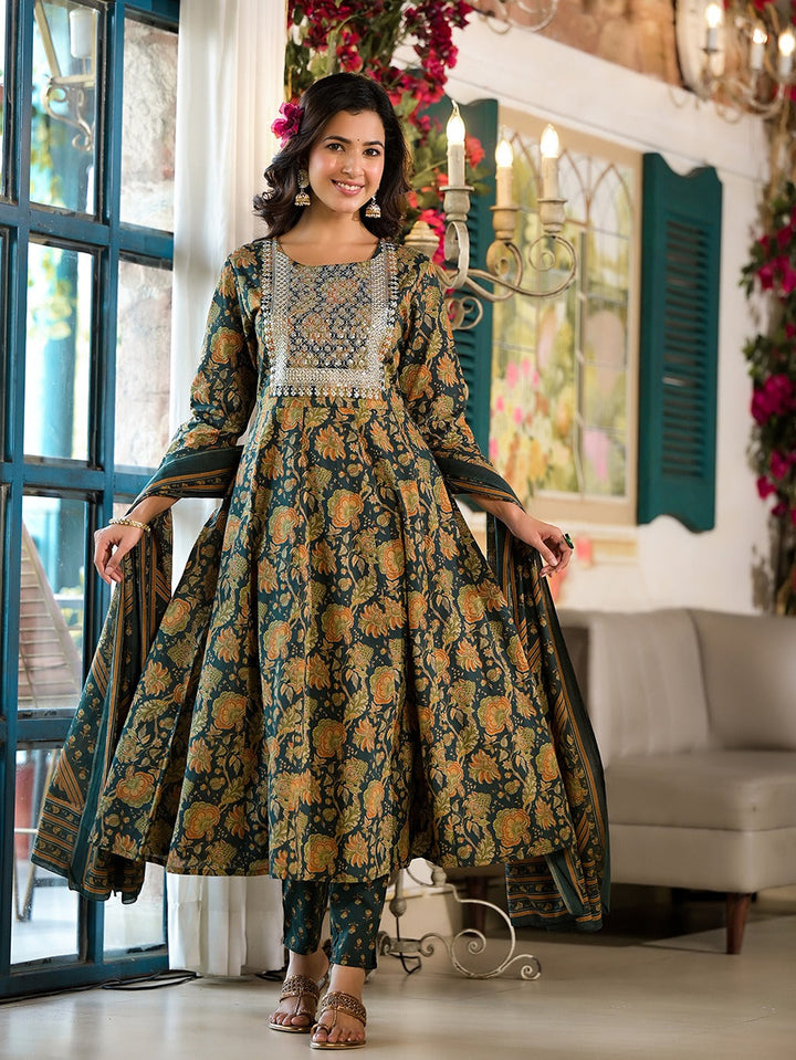 Dark Green Floral,Sequins_Work Kurta Trouser with Dupatta Set-Yufta Store-1789SKDDGS