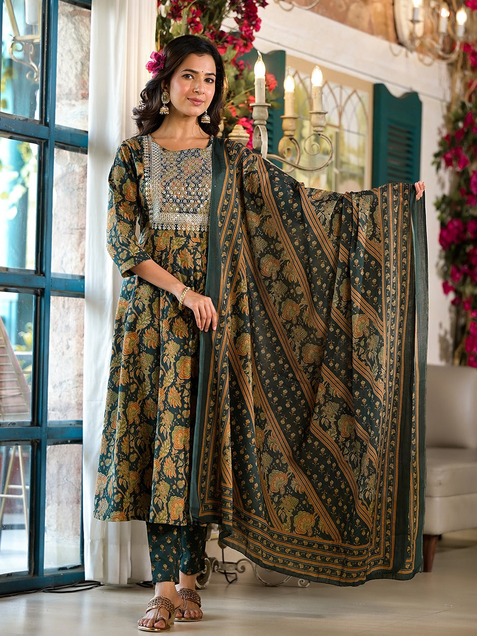 Dark Green Floral,Sequins_Work Kurta Trouser with Dupatta Set-Yufta Store-1789SKDDGS