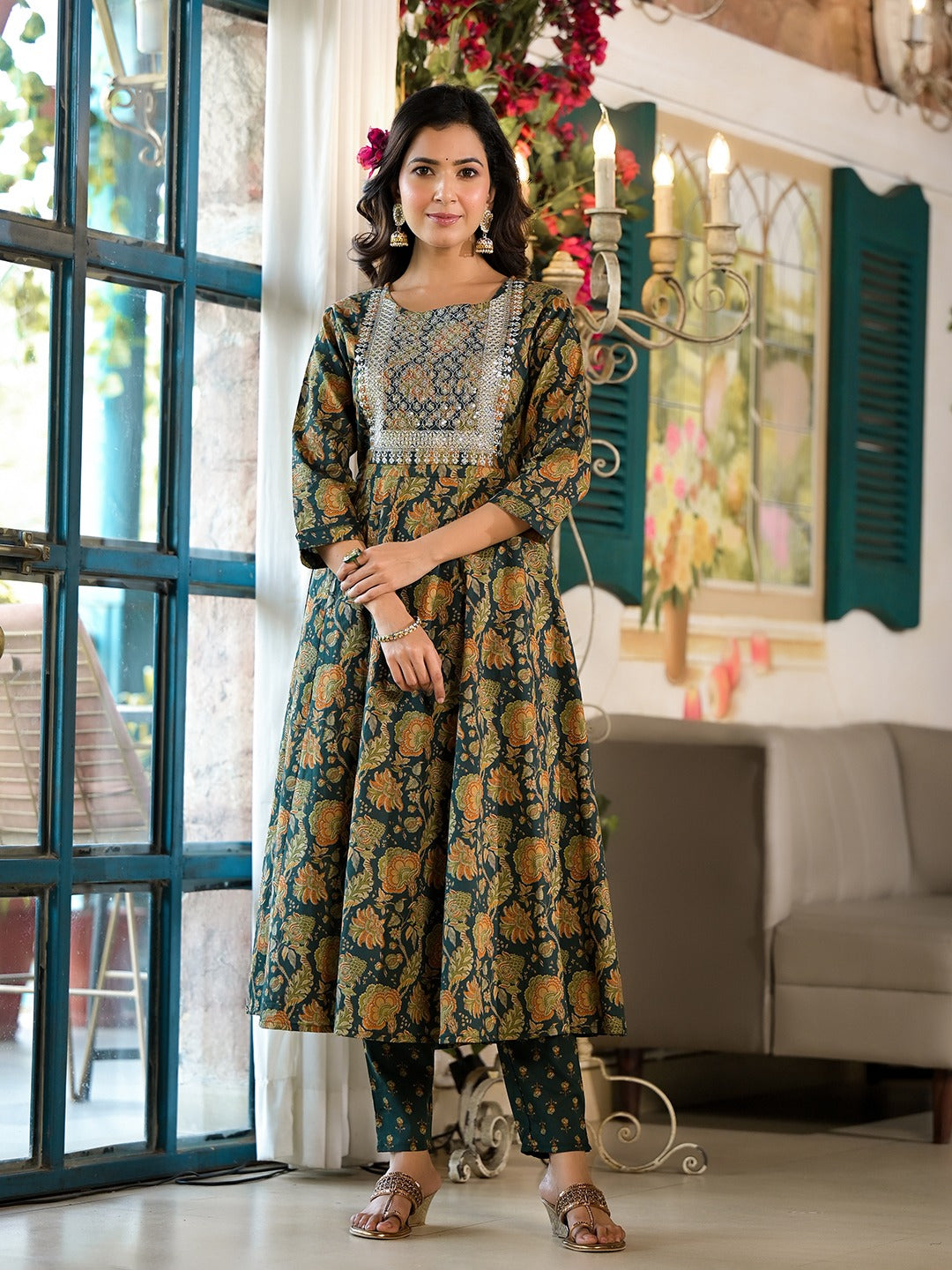 Dark Green Floral,Sequins_Work Kurta Trouser with Dupatta Set-Yufta Store-1789SKDDGS