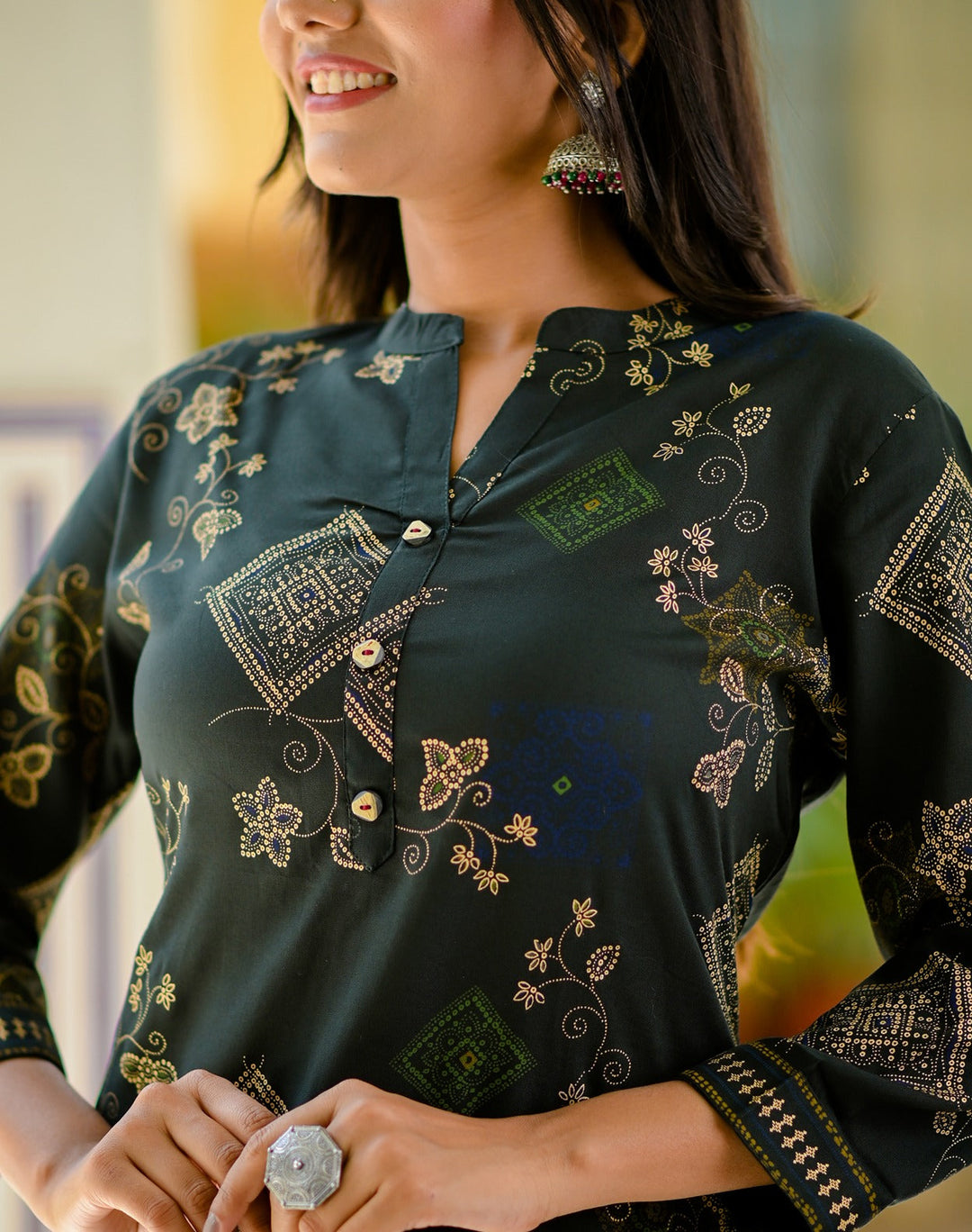 Dark Green Printed Kurta Set-Yufta Store-2701SETDGM