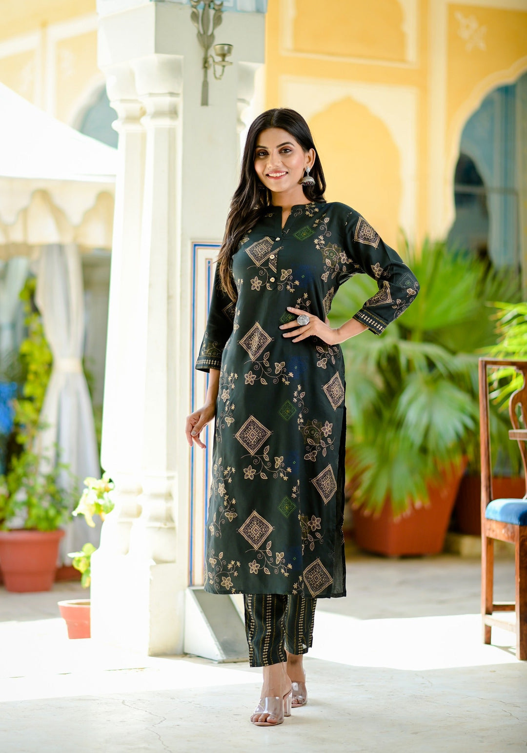 Dark Green Printed Kurta Set-Yufta Store-2701SETDGM