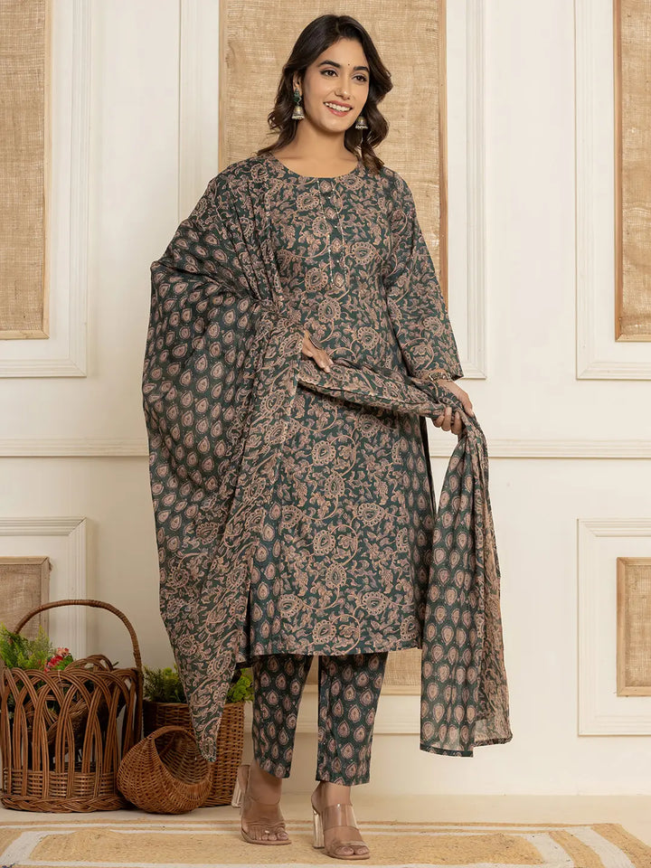 Dark Green Sequins_Work Cotton A-Line Kurta And Trousers With Dupatta Set