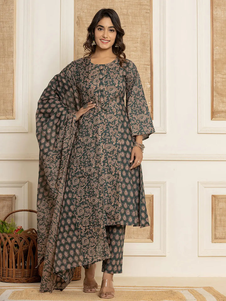 Dark Green Sequins_Work Cotton A-Line Kurta And Trousers With Dupatta Set
