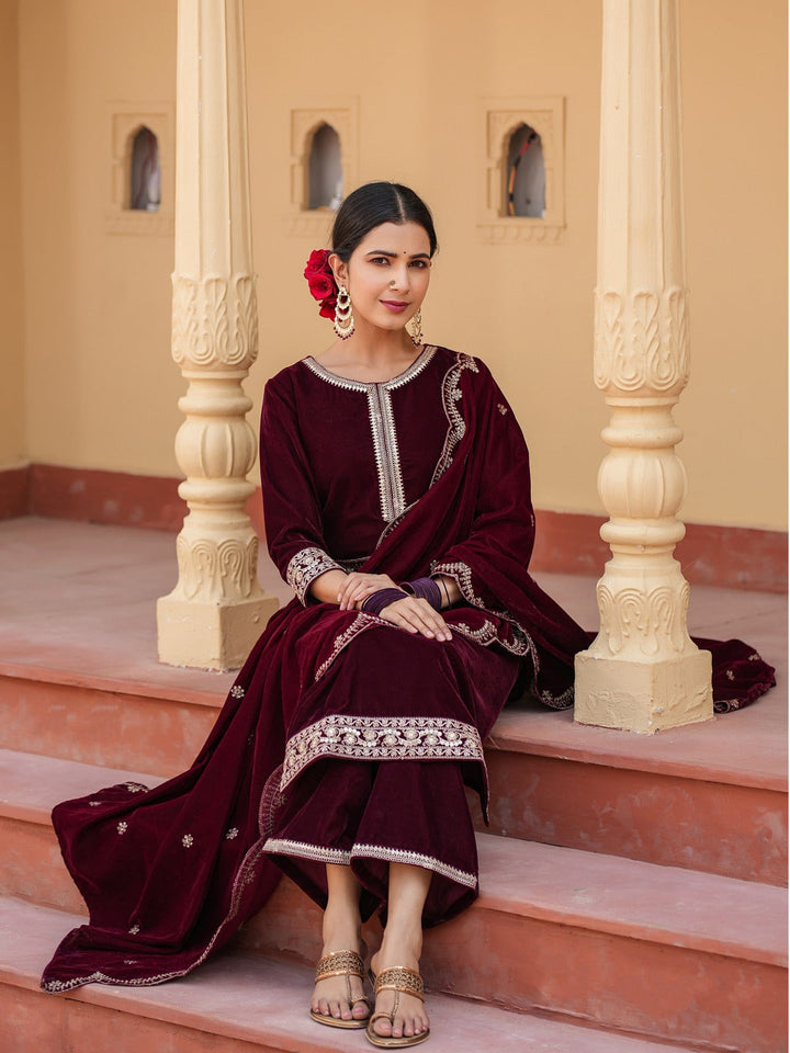 Dark Maroon Zari_Work Velvet Straight Kurta Palazzo Dupatta Set-Yufta Store-1576SKDMRS