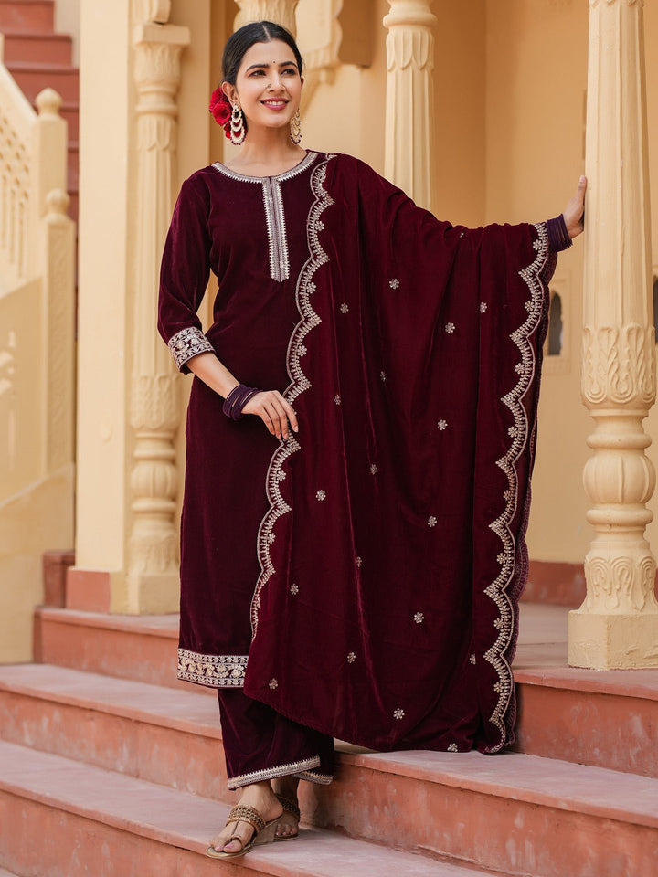 Dark Maroon Zari_Work Velvet Straight Kurta Palazzo Dupatta Set-Yufta Store-1576SKDMRS