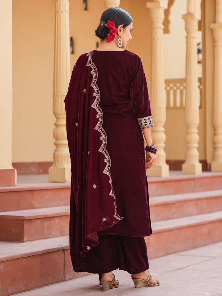 Dark Maroon Zari_Work Velvet Straight Kurta Palazzo Dupatta Set-Yufta Store-1576SKDMRS