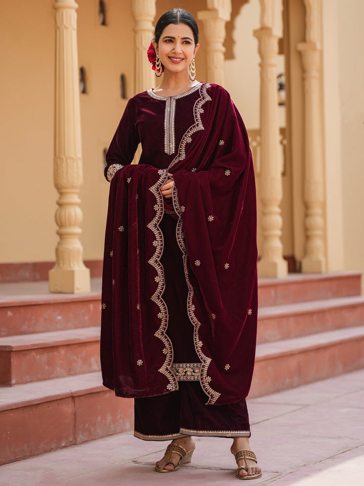 Dark Maroon Zari_Work Velvet Straight Kurta Palazzo Dupatta Set-Yufta Store-1576SKDMRS