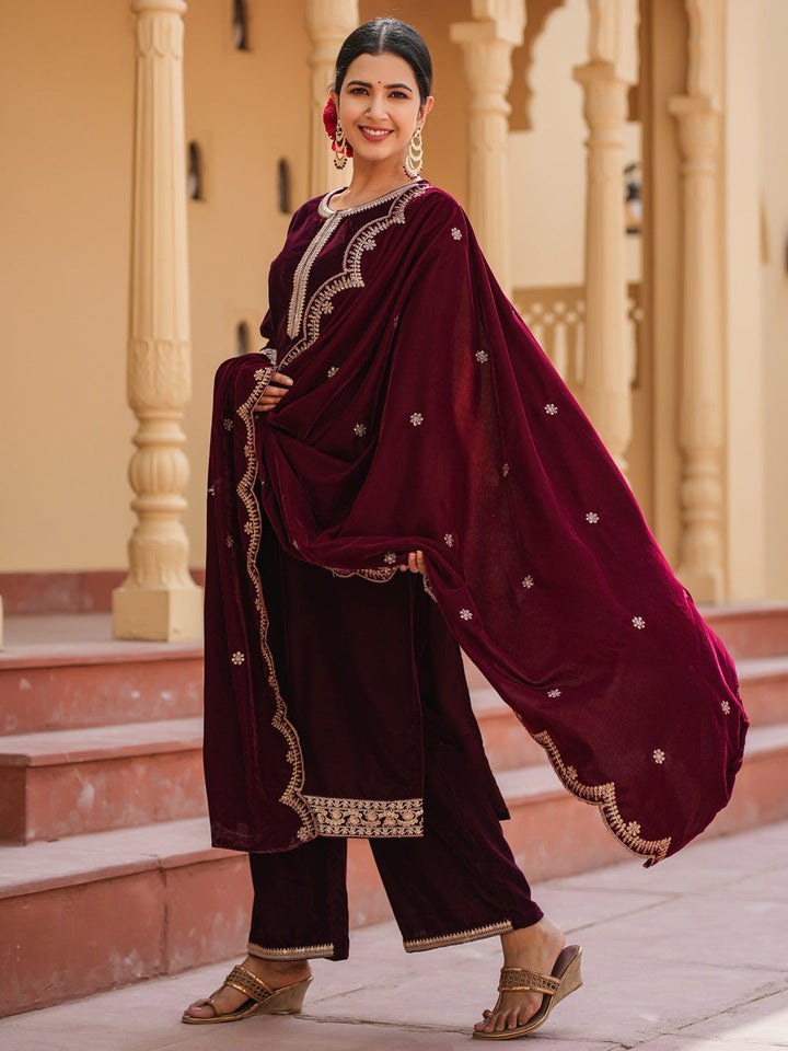 Dark Maroon Zari_Work Velvet Straight Kurta Palazzo Dupatta Set-Yufta Store-1576SKDMRS