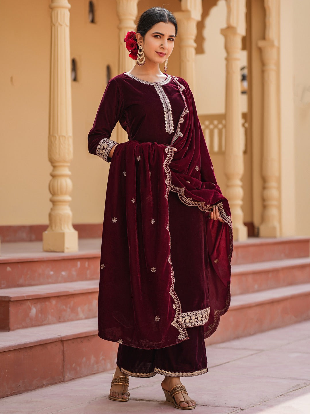 Dark Maroon Zari_Work Velvet Straight Kurta Palazzo Dupatta Set-Yufta Store-1576SKDMRS