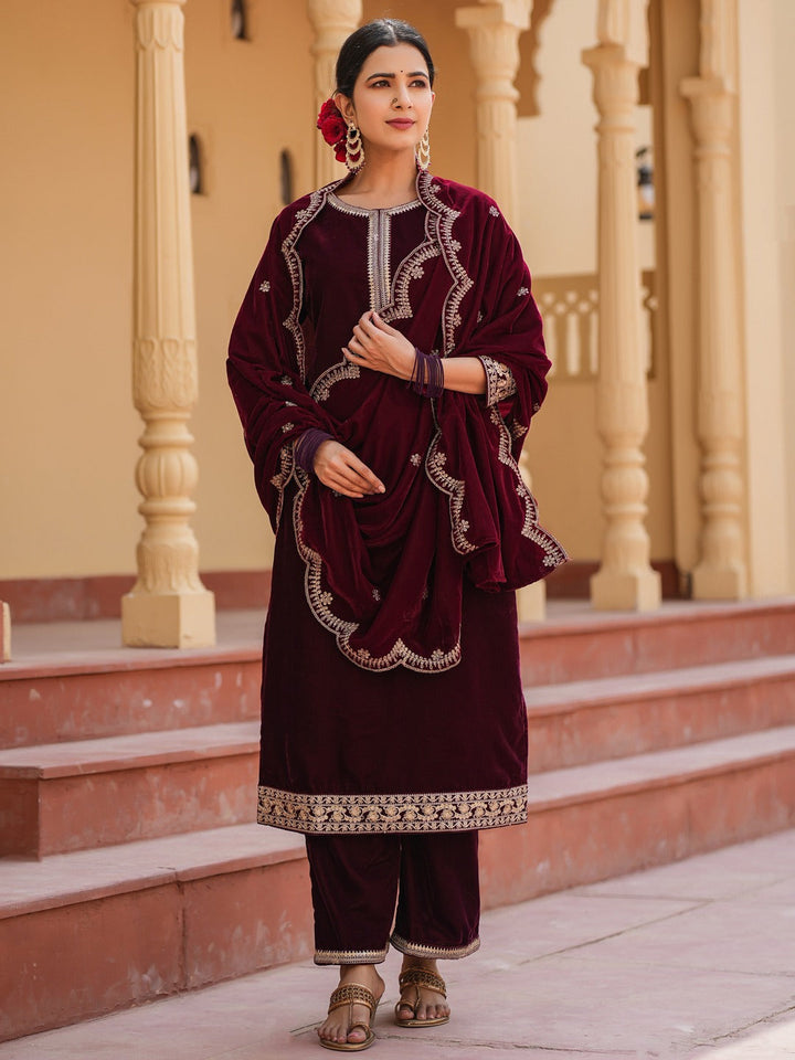 Dark Maroon Zari_Work Velvet Straight Kurta Palazzo Dupatta Set-Yufta Store-1576SKDMRS