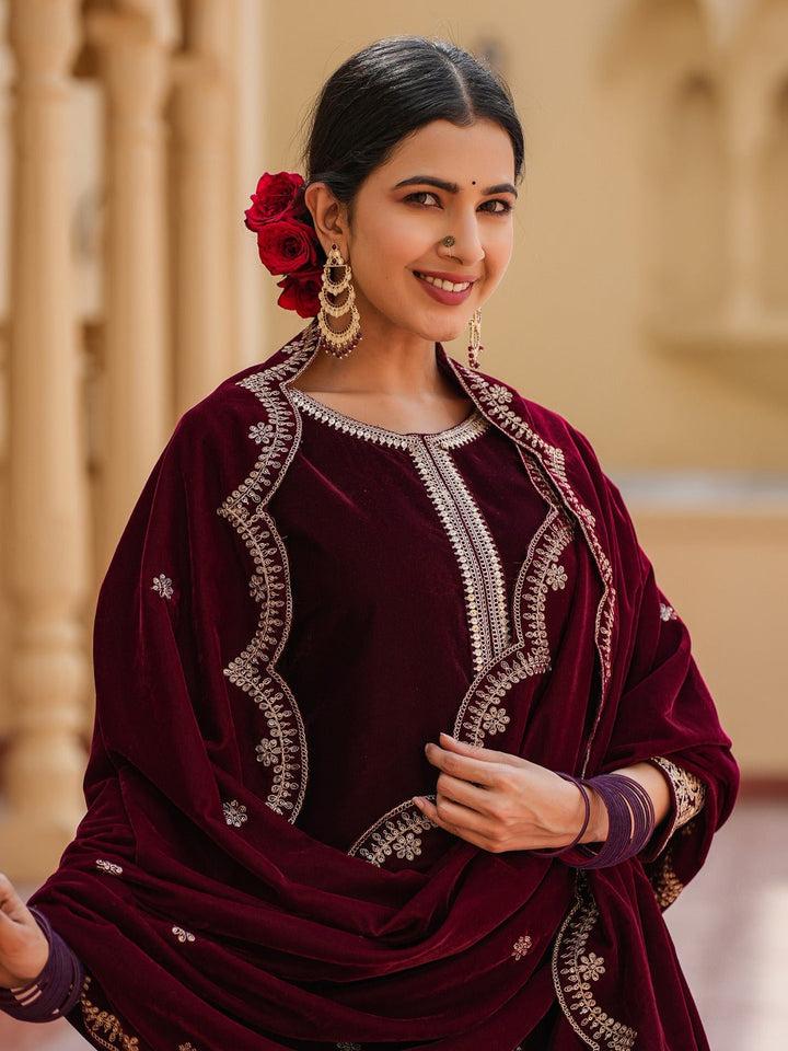 Dark Maroon Zari_Work Velvet Straight Kurta Palazzo Dupatta Set-Yufta Store-1576SKDMRS