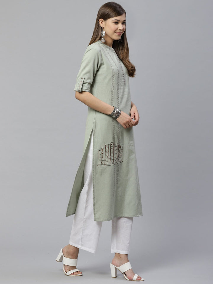 Dusty Green Embroidered Kurta-Yufta Store-7245KURGRS