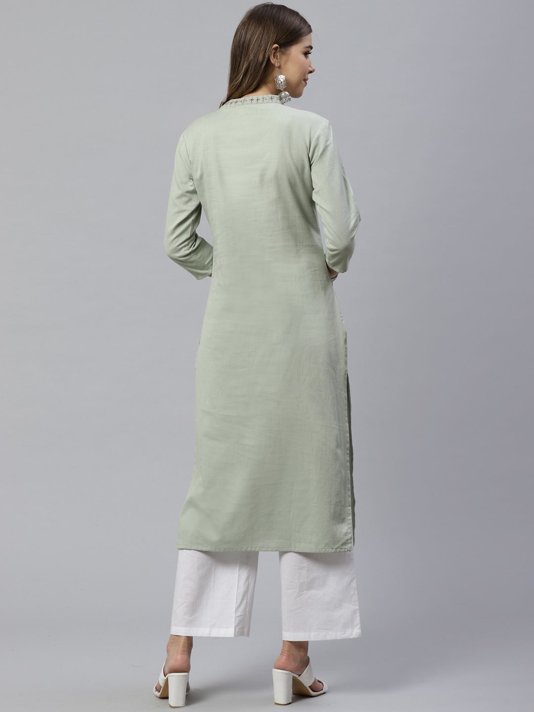 Dusty Green Embroidered Kurta-Yufta Store-7245KURGRS