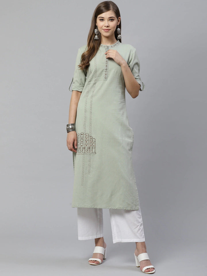 Dusty Green Embroidered Kurta-Yufta Store-7245KURGRS