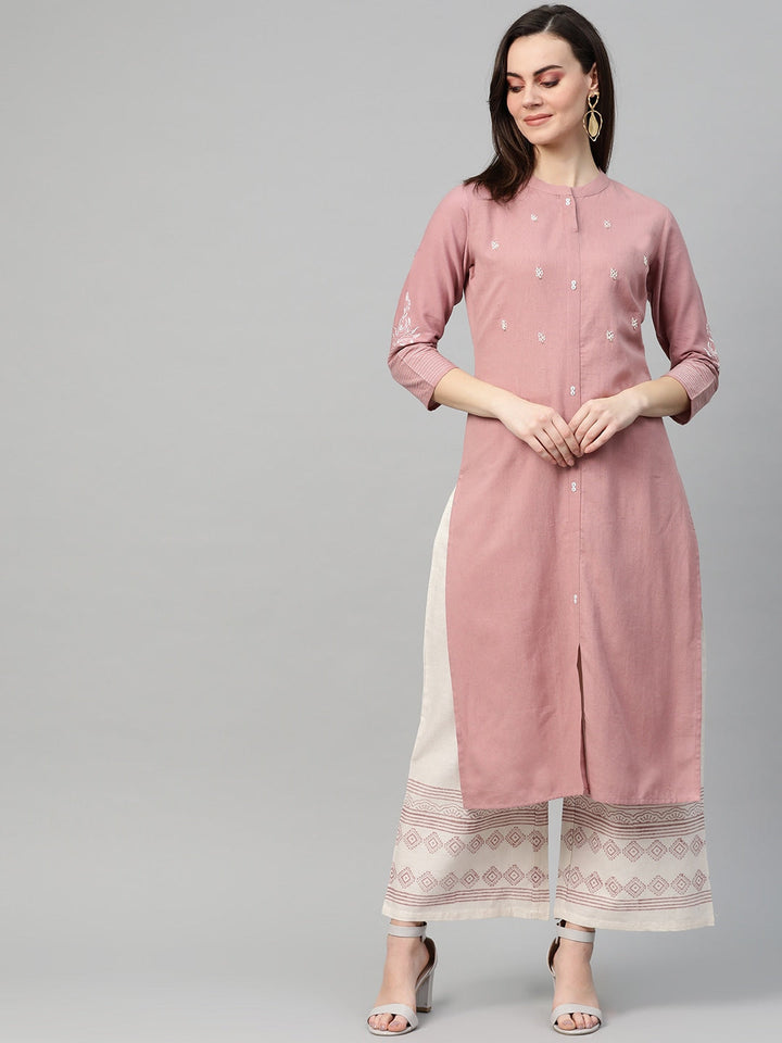 Dusty Pink & Off-White Embroidered Kurta Set-Yufta Store-7319SETPRL