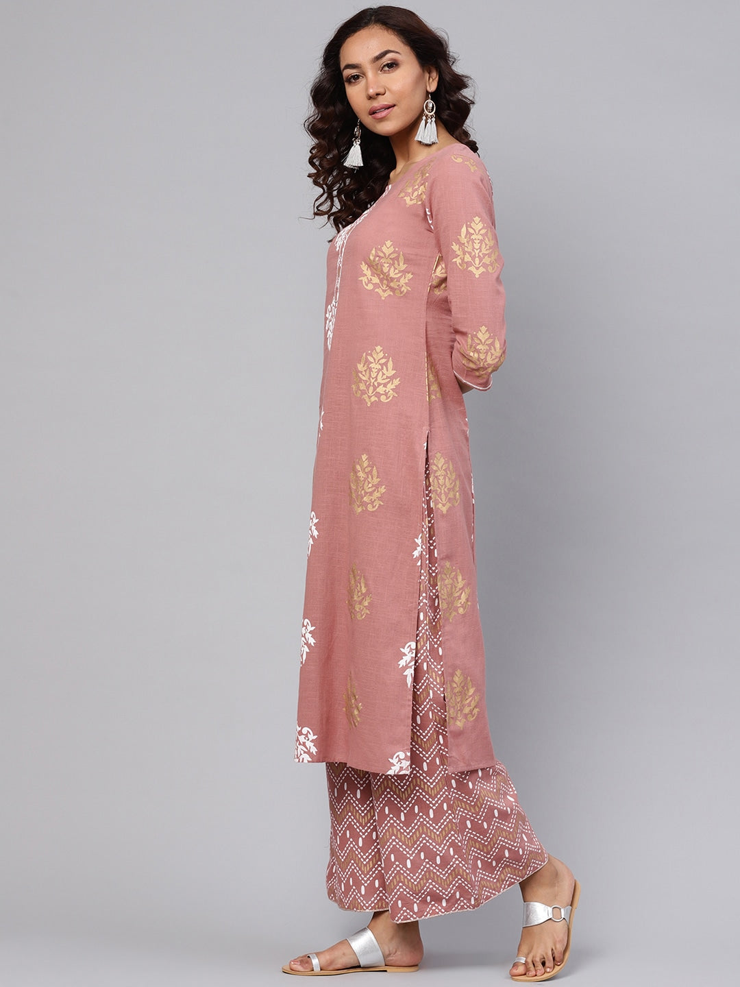 Dusty Pink & White Printed Kurta Set-Yufta Store-YUFEKSET696S