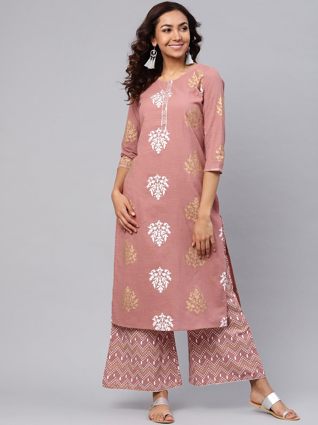 Dusty Pink & White Printed Kurta Set-Yufta Store-YUFEKSET696S