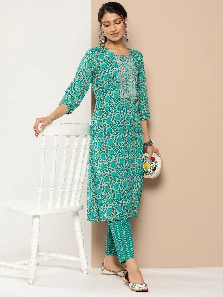 Embroidered Cotton Kurta Set-Yufta Store-1178SETTBM