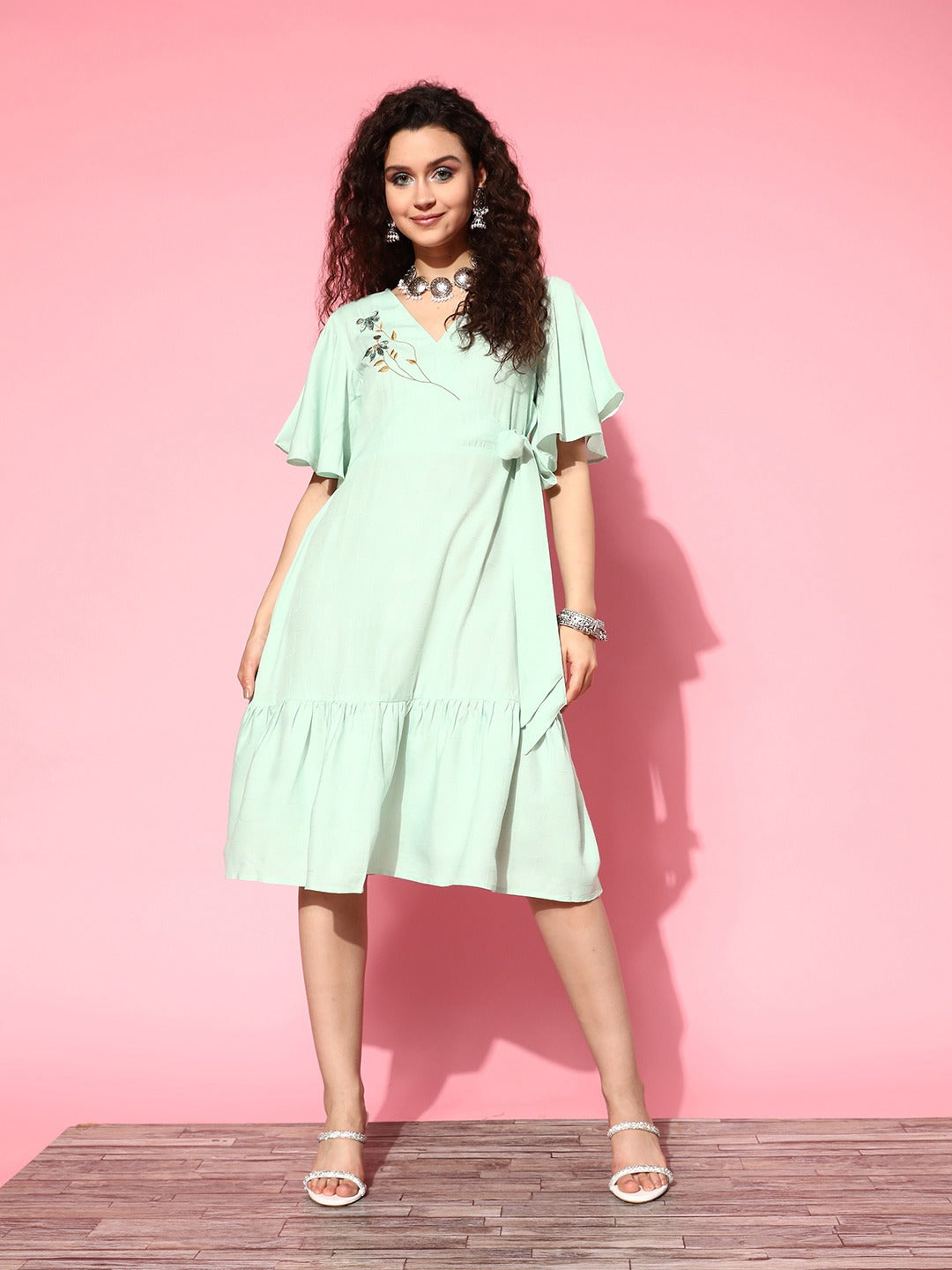 Embroidered Tiered Wrap Dress