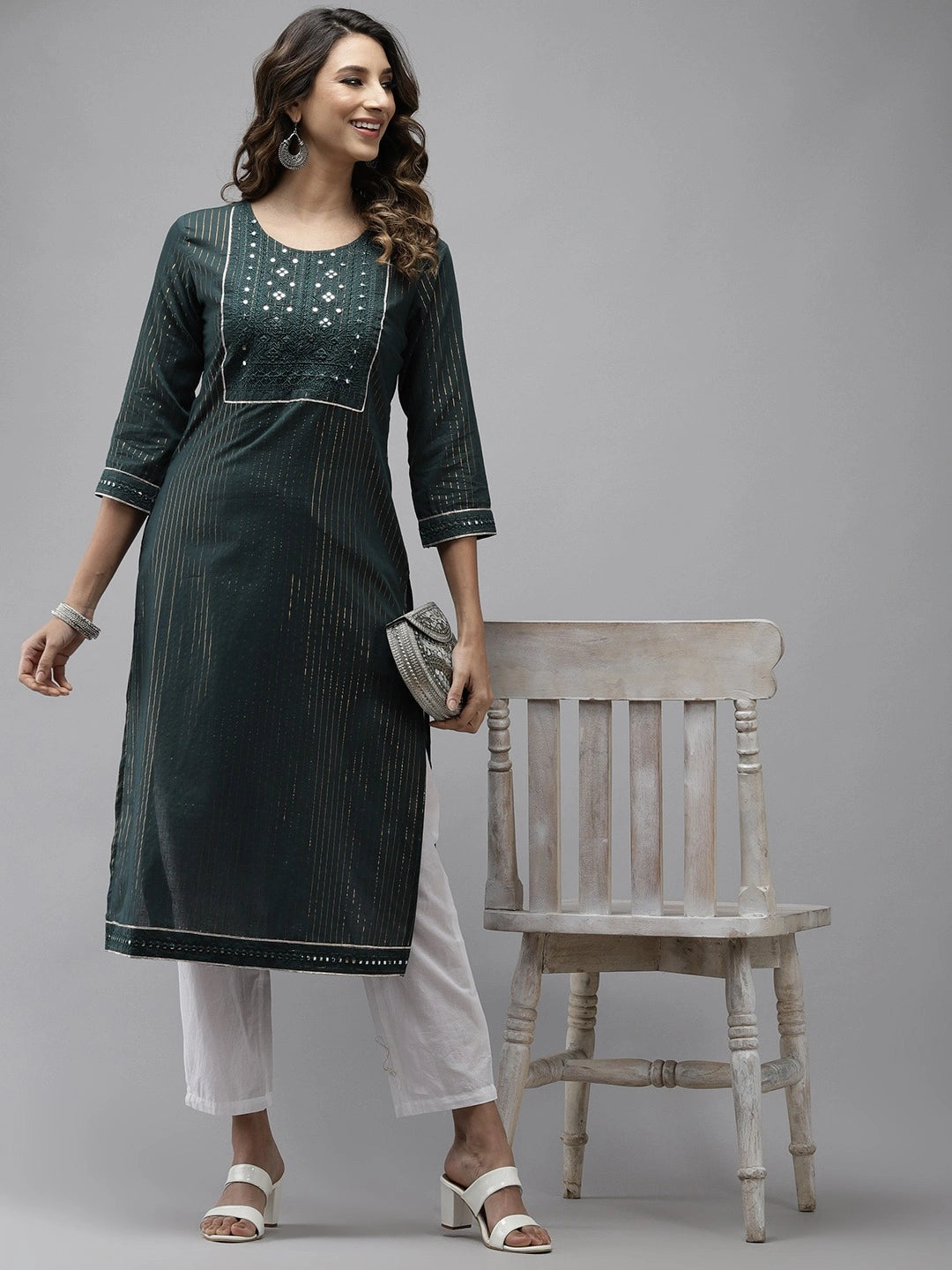 Emerald Green Embroidered Kurta-Yufta Store-2031KURGRS