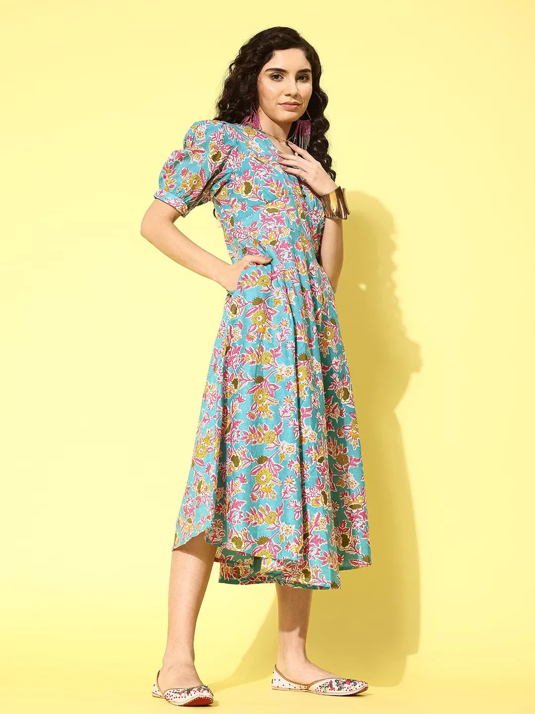Ethnic Motifs Print A-Line Midi Dress-Yufta Store-1453DRSBLS