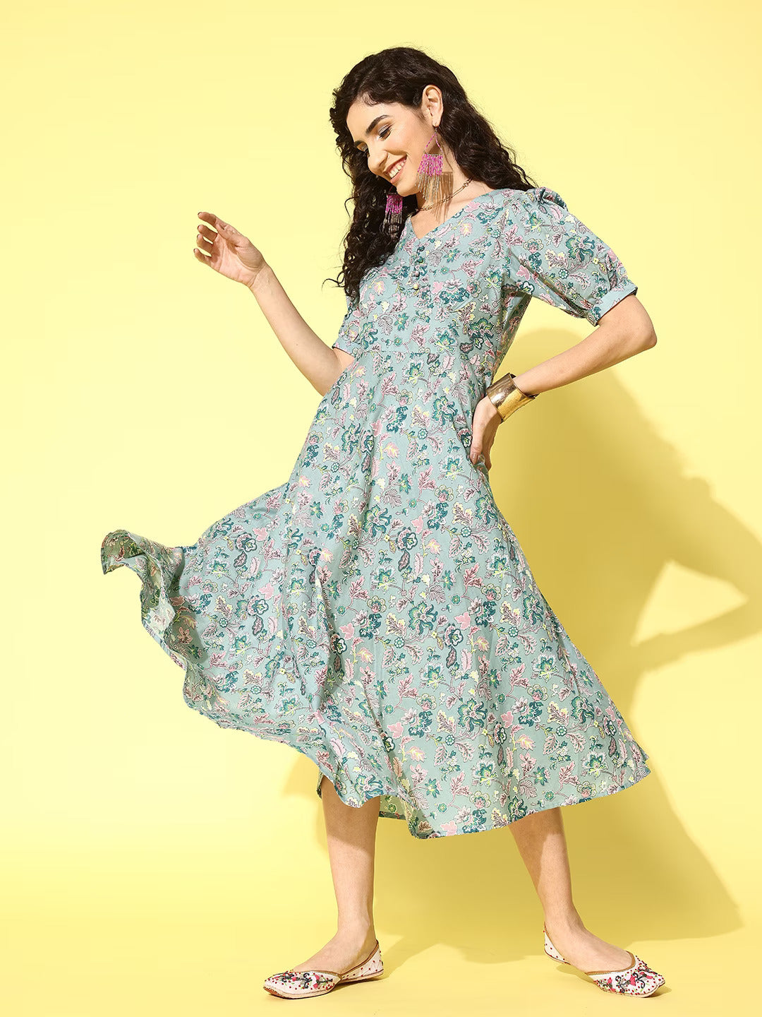 Ethnic Motifs Print A-Line Midi Dress-Yufta Store-1454DRSDBS