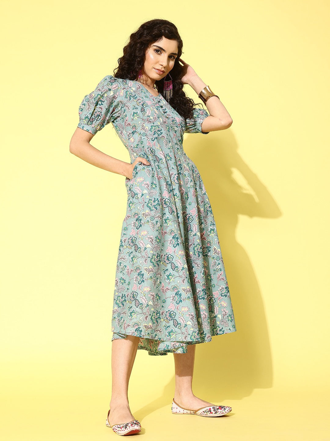 Ethnic Motifs Print A-Line Midi Dress-Yufta Store-1454DRSDBS