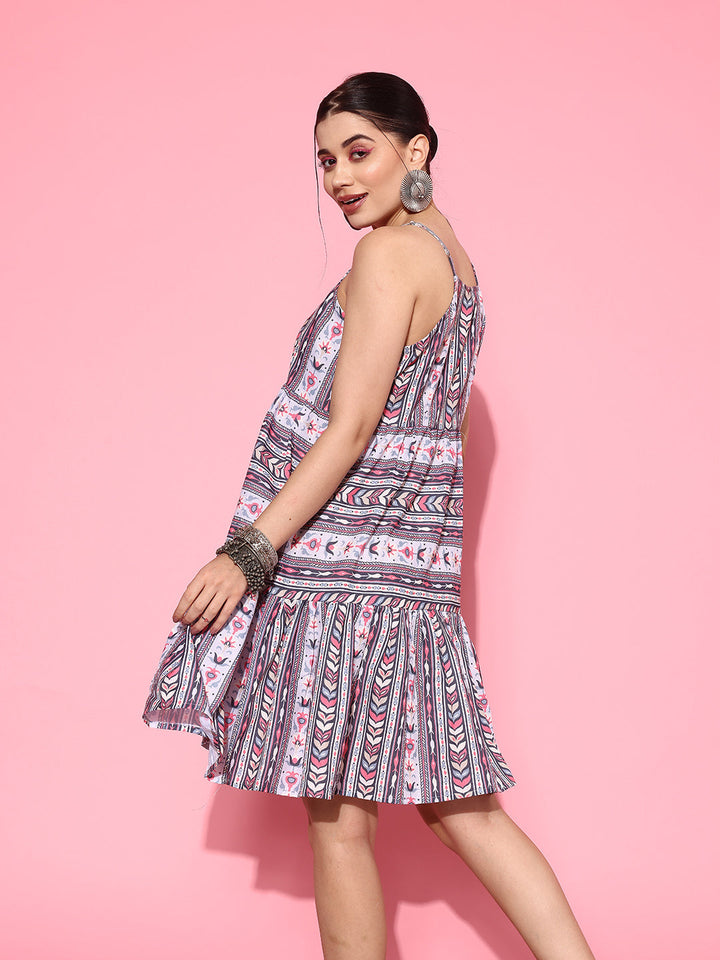 Ethnic Motifs Print A-Line Pure Cotton Tiered Ethnic Dress-Yufta Store-1412DRSBLS