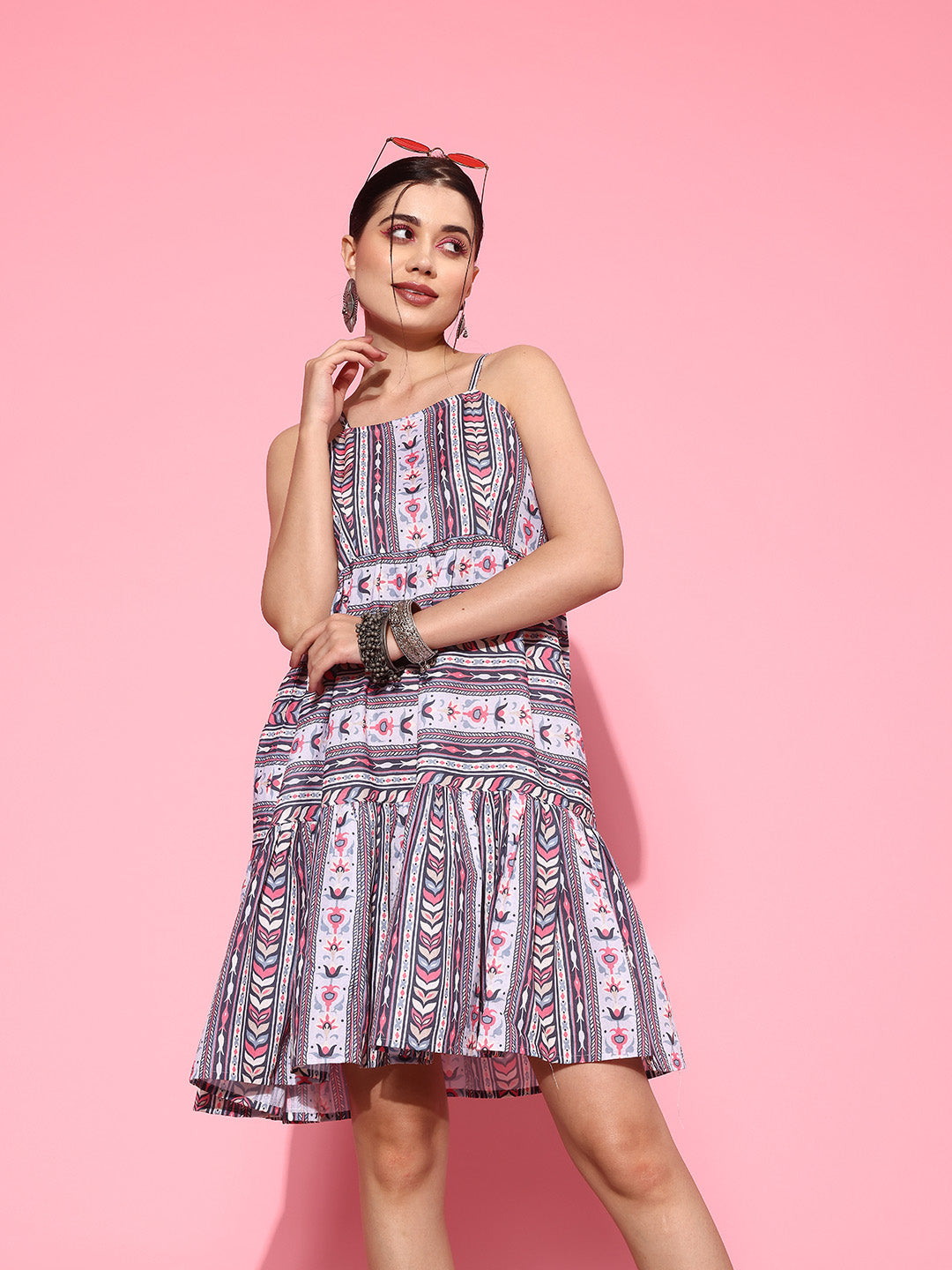 Ethnic Motifs Print A-Line Pure Cotton Tiered Ethnic Dress-Yufta Store-1412DRSBLS