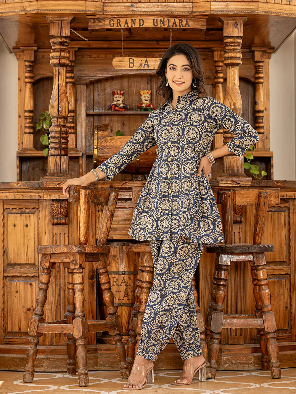 Ethnic Motifs Print Navy Blue Cotton Co-Ord Set-Yufta Store-1821CRDNBS