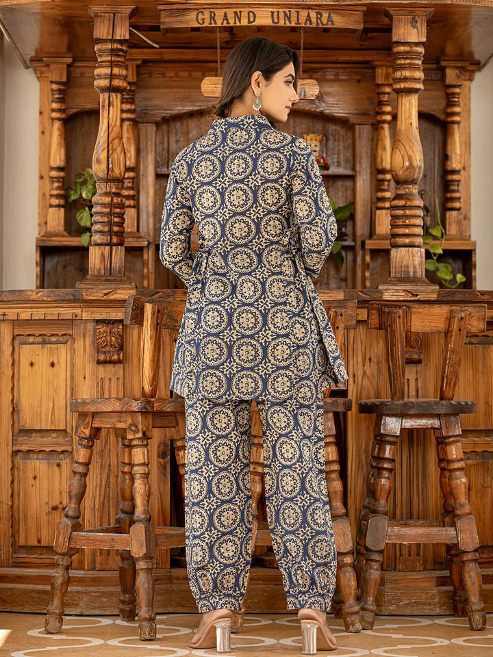 Ethnic Motifs Print Navy Blue Cotton Co-Ord Set-Yufta Store-1821CRDNBS