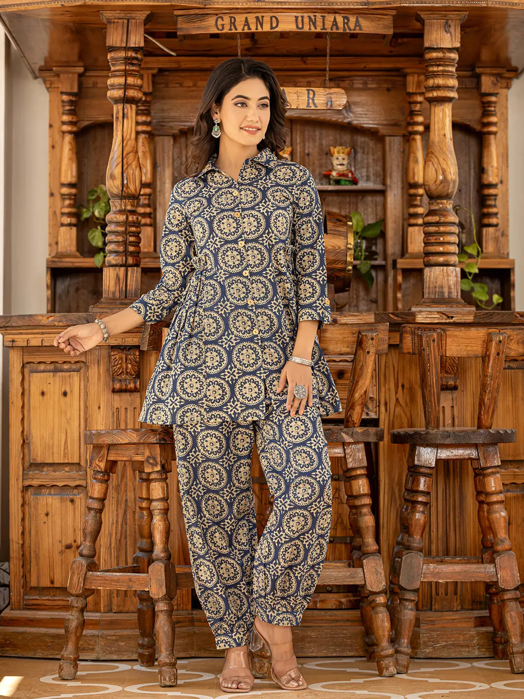 Ethnic Motifs Print Navy Blue Cotton Co-Ord Set-Yufta Store-1821CRDNBS