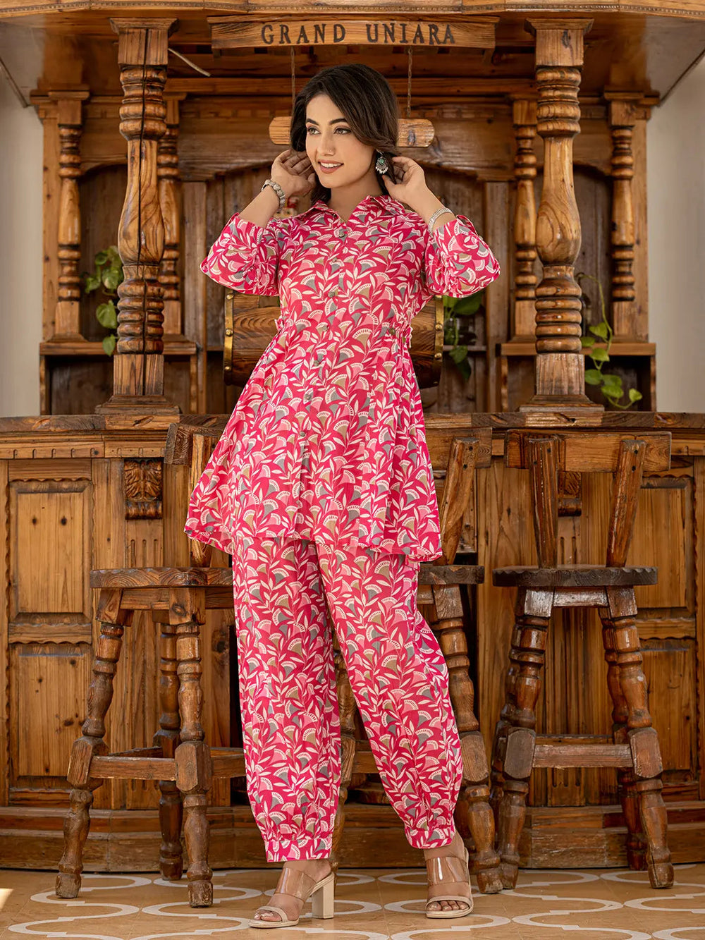 Ethnic Motifs Print Pink Cotton Co-Ord Set-Yufta Store-6843CRDPKS