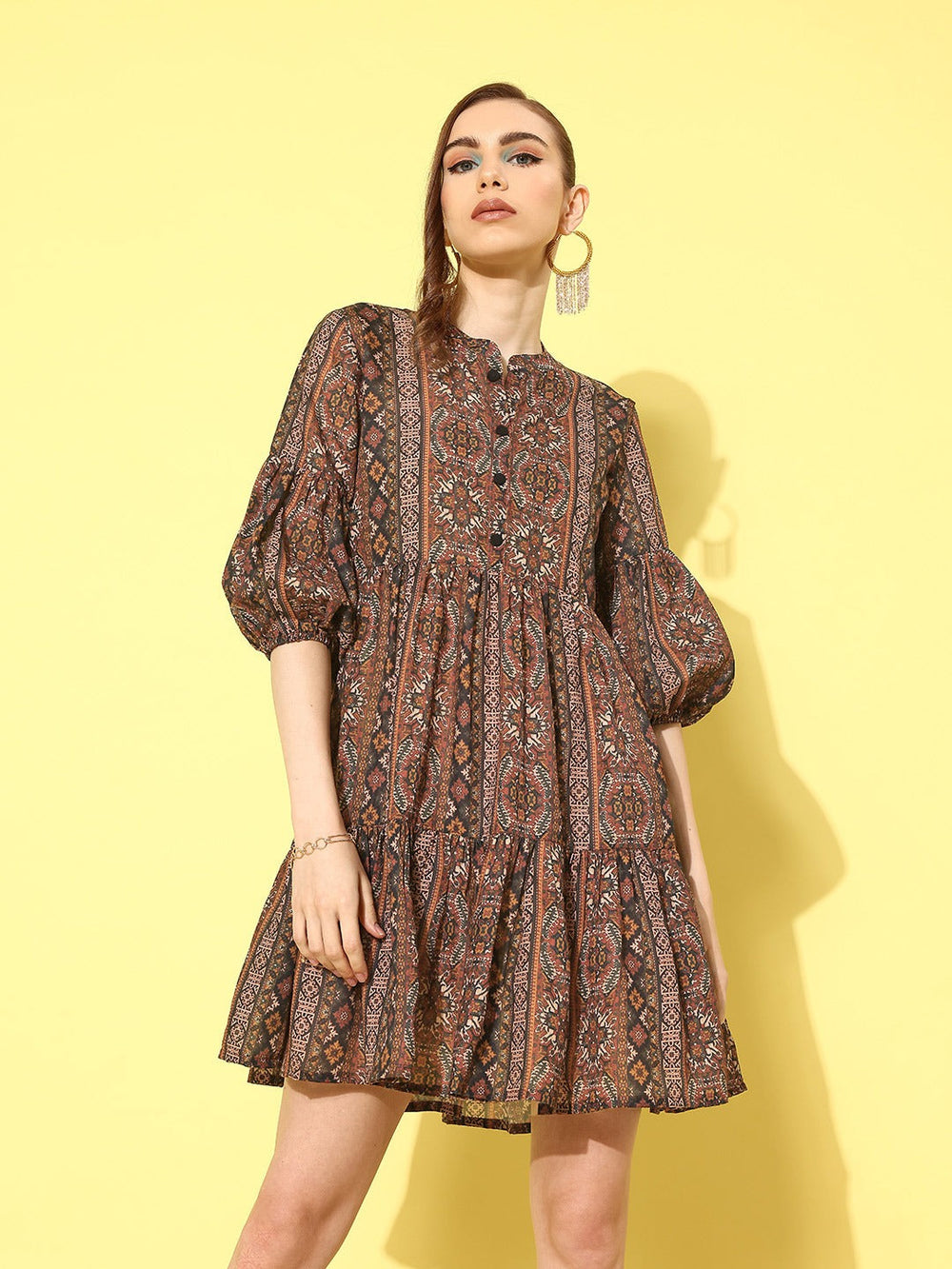 Ethnic Motifs Print Puff Sleeve Fit & Flare Dress-Yufta Store-1430DRSMTS
