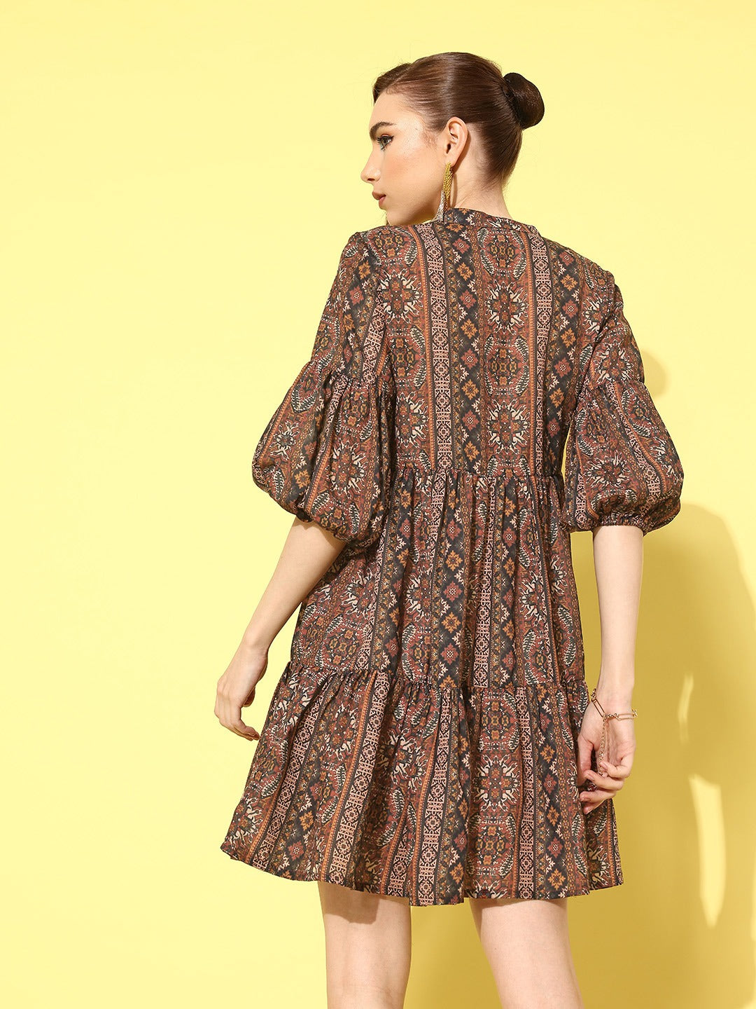 Ethnic Motifs Print Puff Sleeve Fit & Flare Dress-Yufta Store-1430DRSMTS