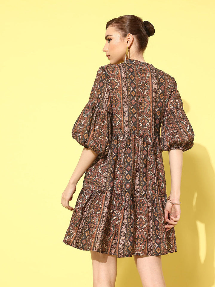 Ethnic Motifs Print Puff Sleeve Fit & Flare Dress-Yufta Store-1430DRSMTS