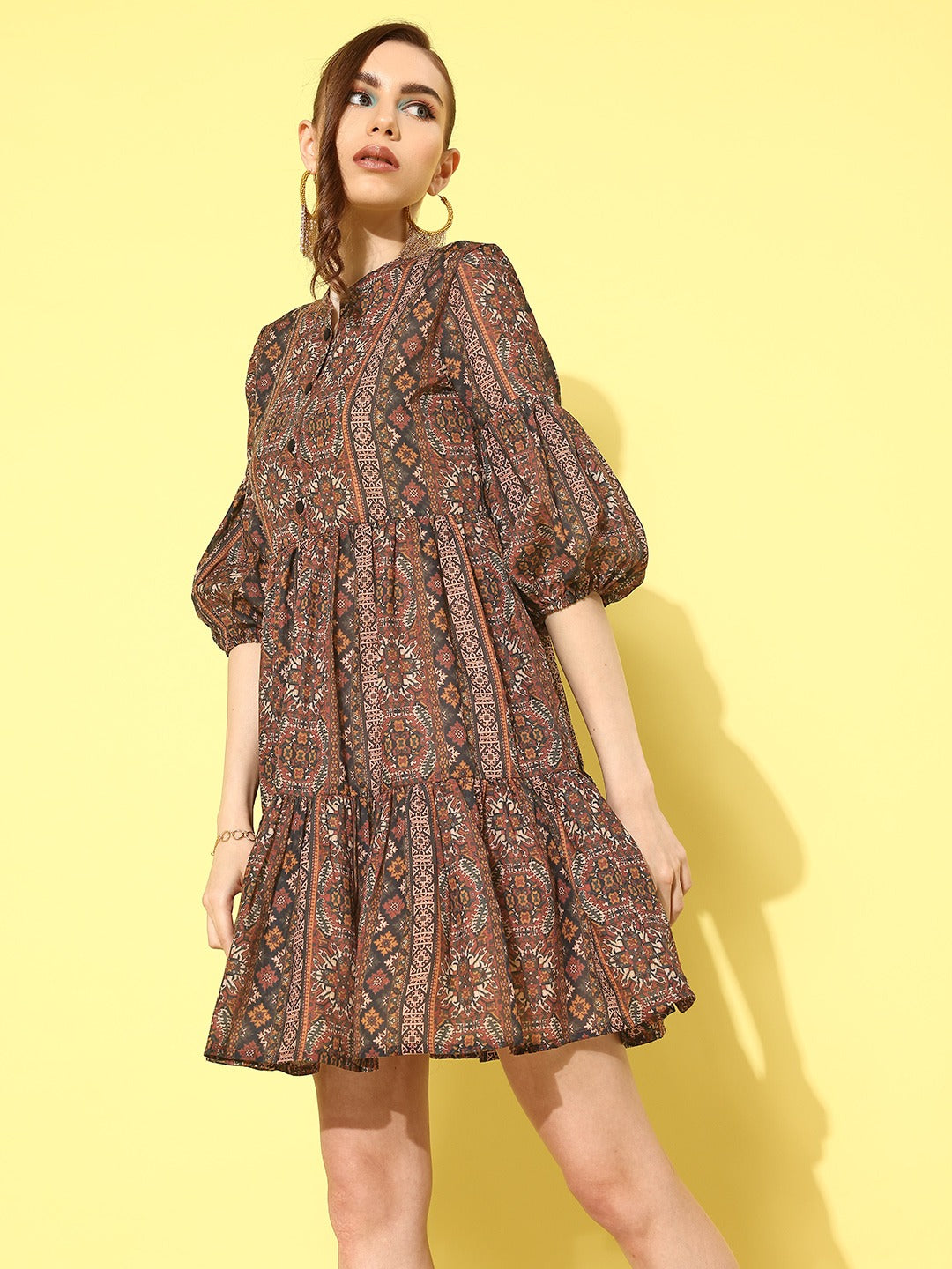 Ethnic Motifs Print Puff Sleeve Fit & Flare Dress-Yufta Store-1430DRSMTS