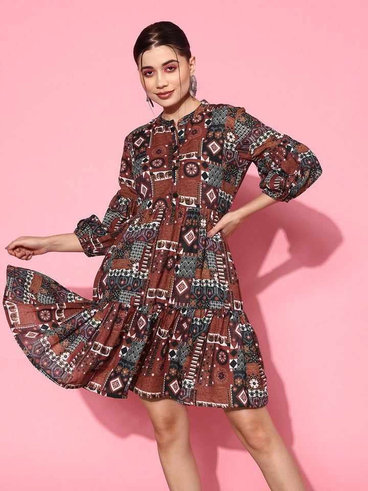 Ethnic Motifs Print Puff Sleeves Tiered Fit & Flare Pure Cotton Dress-Yufta Store-1163DRSRTS