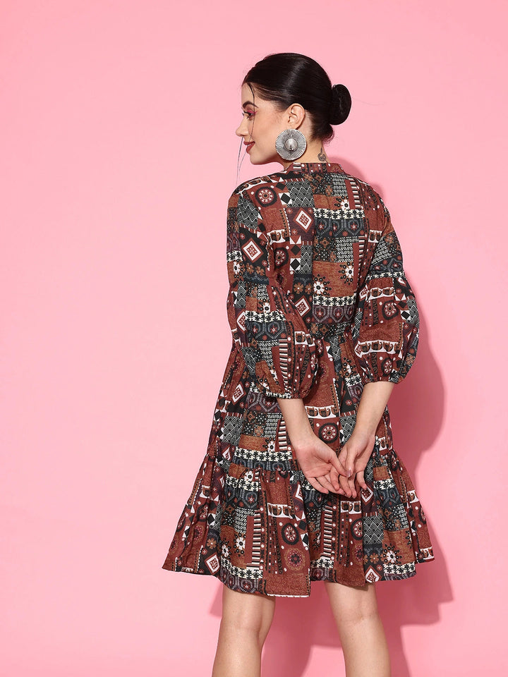 Ethnic Motifs Print Puff Sleeves Tiered Fit & Flare Pure Cotton Dress-Yufta Store-1163DRSRTS