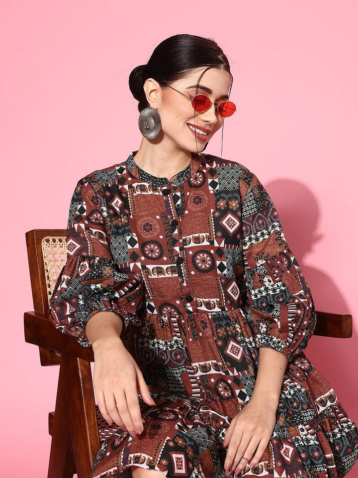 Ethnic Motifs Print Puff Sleeves Tiered Fit & Flare Pure Cotton Dress-Yufta Store-1163DRSRTS