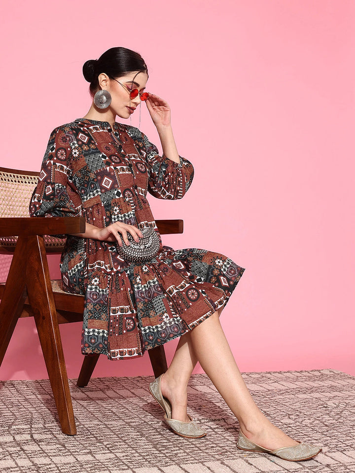 Ethnic Motifs Print Puff Sleeves Tiered Fit & Flare Pure Cotton Dress-Yufta Store-1163DRSRTS