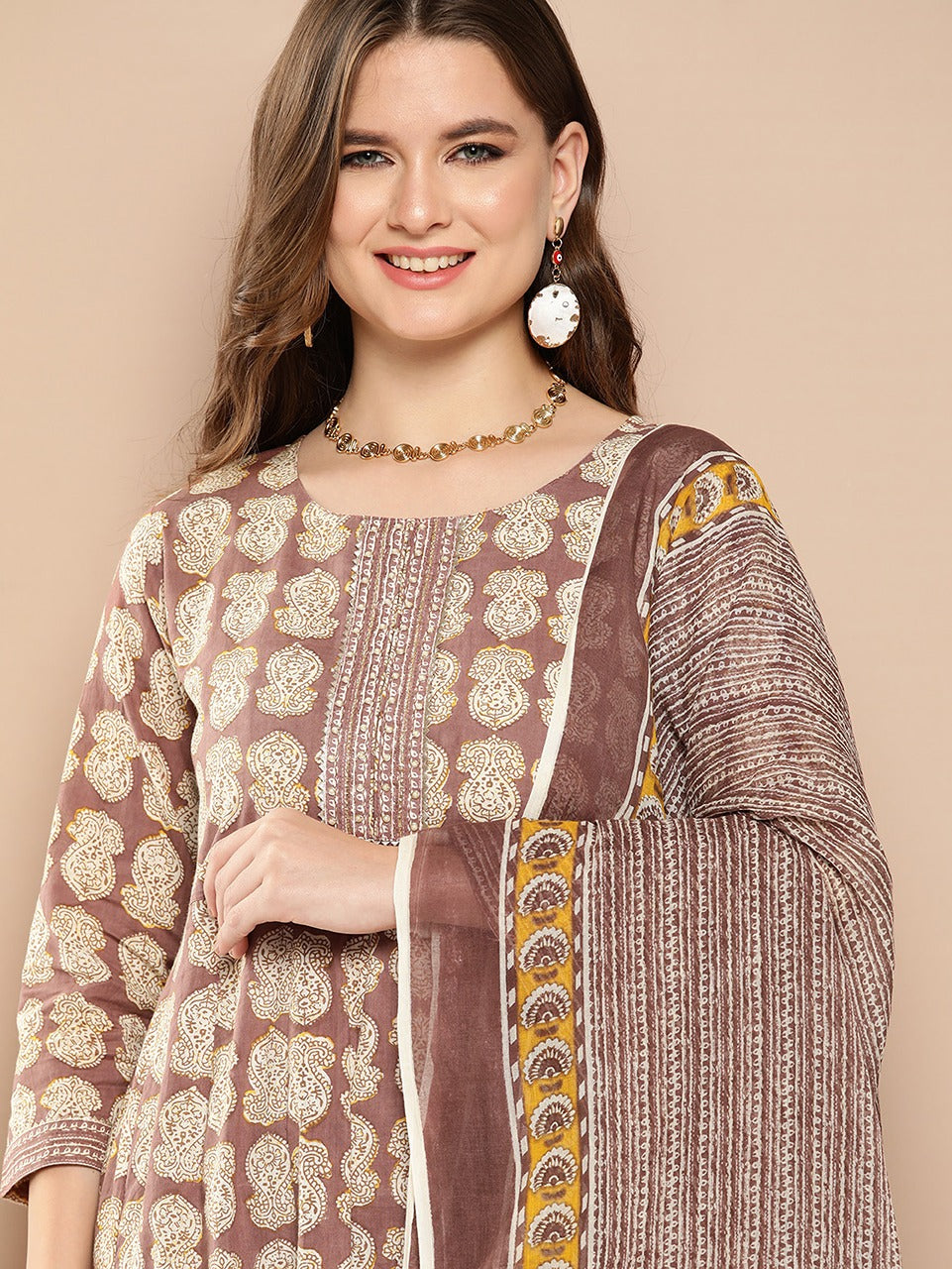 Ethnic Motifs Printed Regular Gotta Patti Cotton Kurta with Trousers & Dupatta-Yufta Store-1468SKDBRS