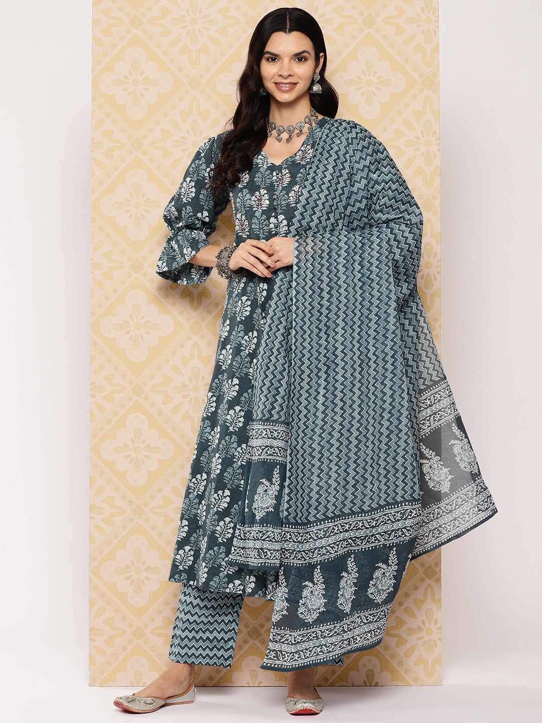 Ethnic Motifs Printed Regular Pure Cotton Kurta with Trousers & With Dupatta