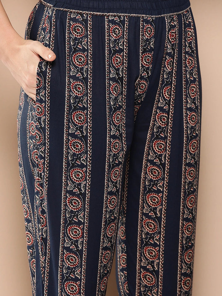 Ethnic Motifs Printed Regular Sequined Cotton Kurta with Trousers & Dupatta-Yufta Store-1467SKDBLS