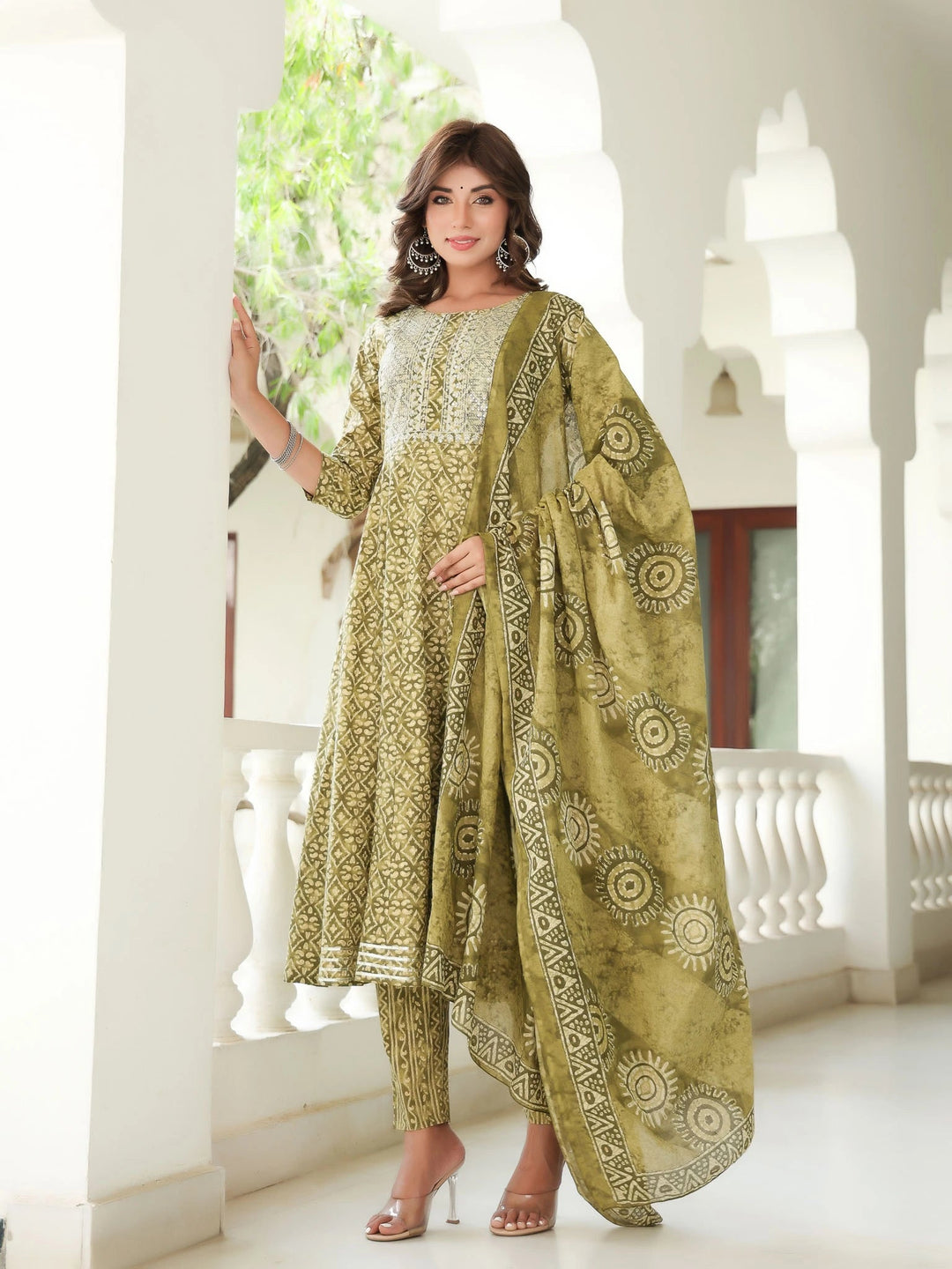 Ethnic Motifs Printed Regular Sequinned Pure Cotton Kurta with Trousers & Dupatta-Yufta Store-1561SKDOLS