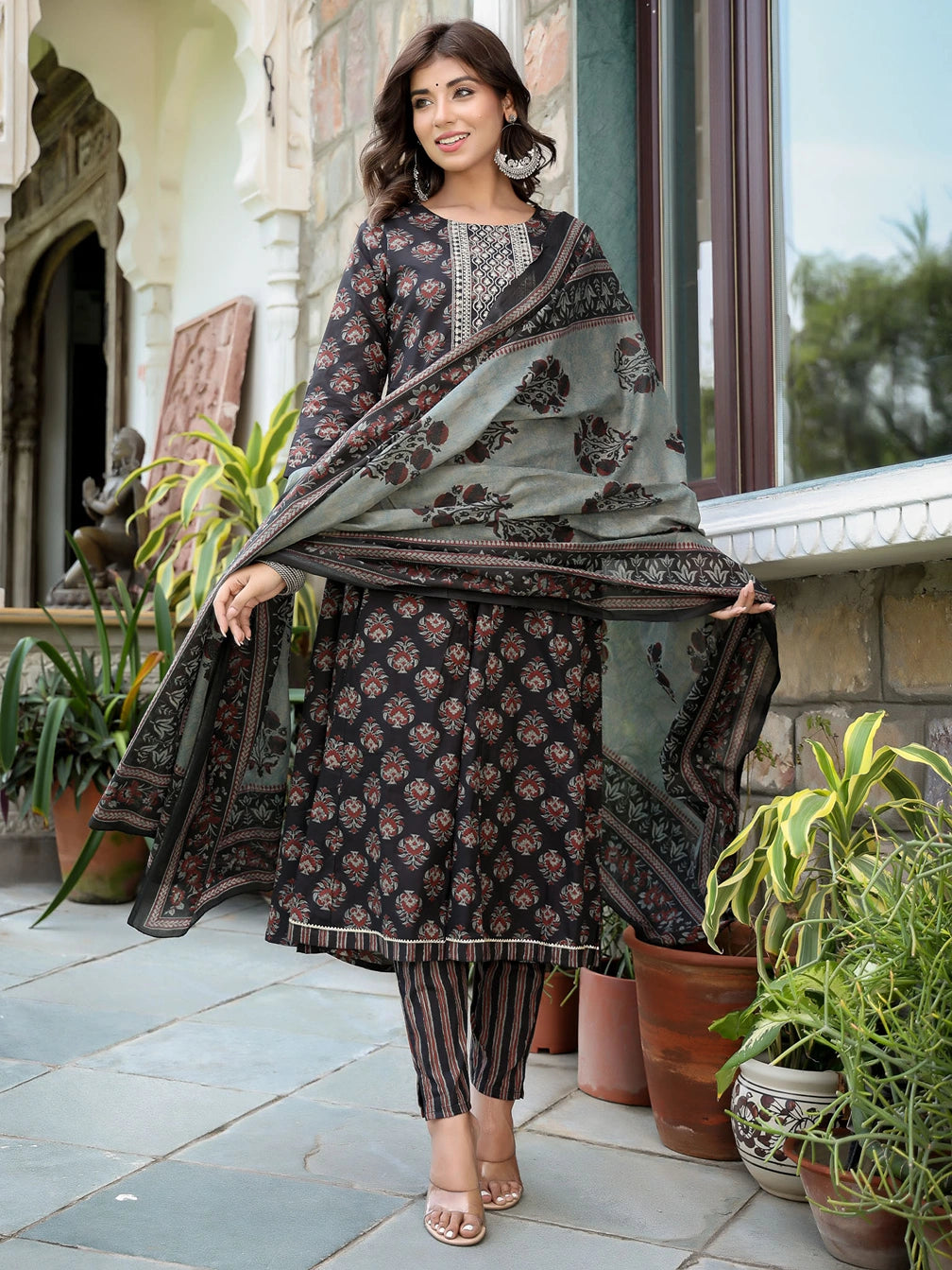 Ethnic Motifs Printed Sequinned Anarkali Shape Cotton Kurta with Trousers & Dupatta-Yufta Store-1558SKDBKS