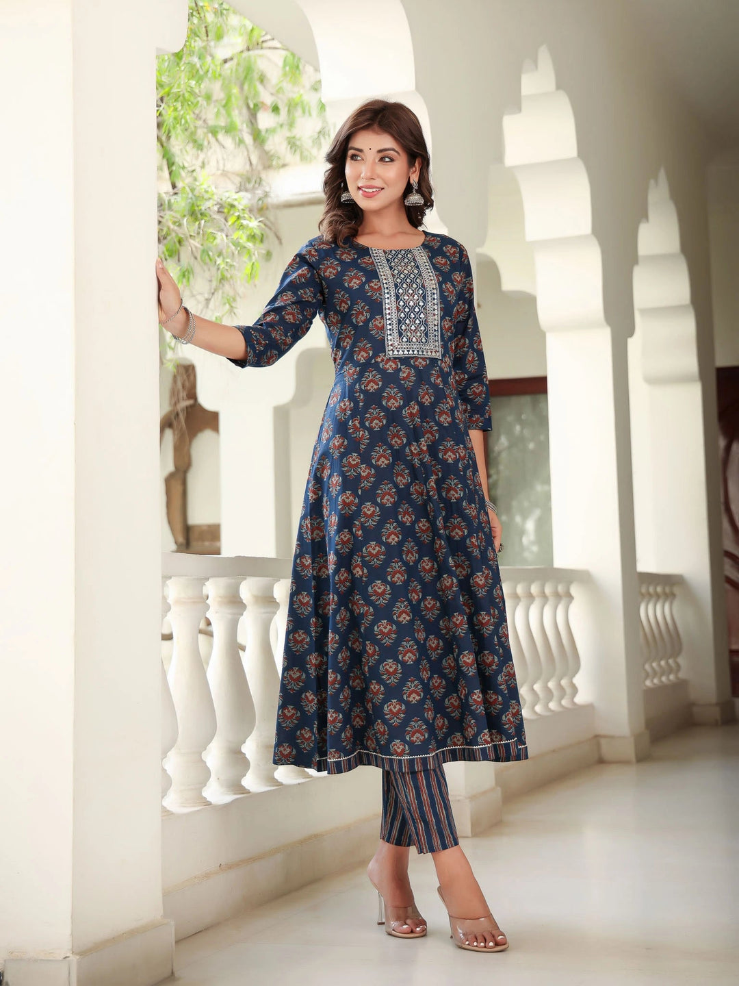 Ethnic Motifs Printed Sequinned Pure Cotton Kurta with Trousers & Dupatta-Yufta Store-1558SKDNBS