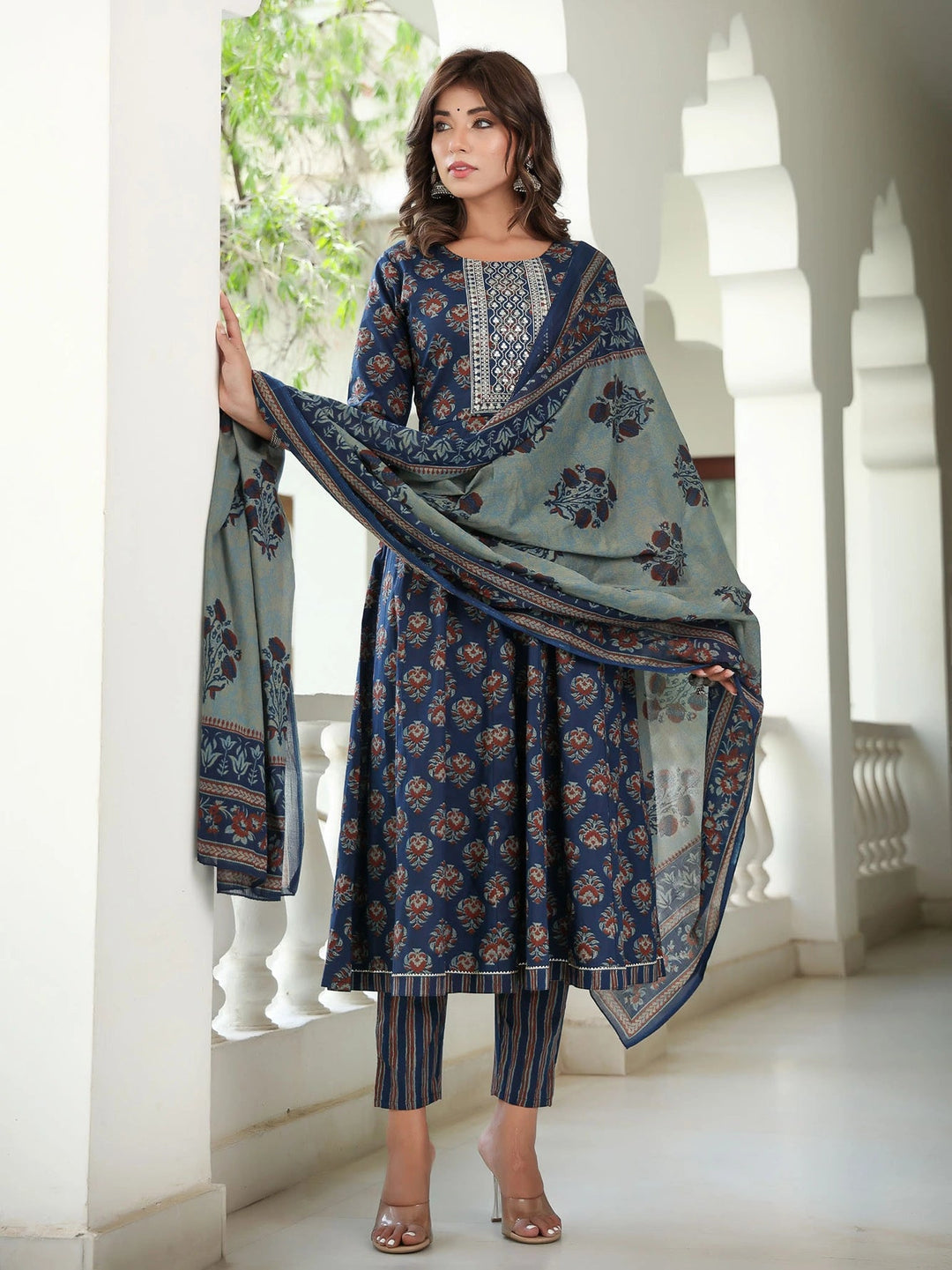 Ethnic Motifs Printed Sequinned Pure Cotton Kurta with Trousers & Dupatta