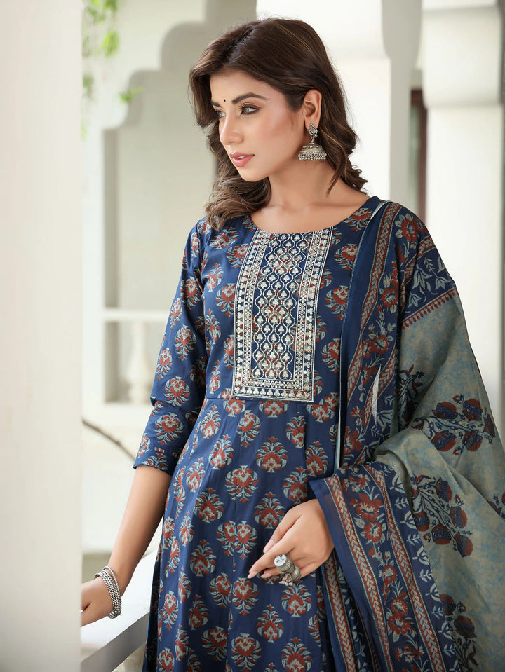 Ethnic Motifs Printed Sequinned Pure Cotton Kurta with Trousers & Dupatta